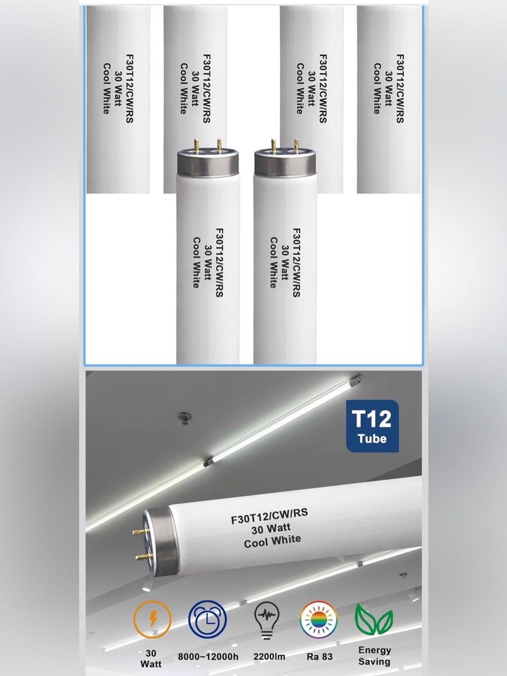 New/unopened box of 6 fluorescent light bulbs 30 watts 36 inch
